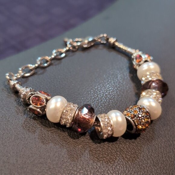 Bella Perlina Pandora Style Charm Bracelet Rhinestone Pearl Silver Customizable - Picture 1 of 12